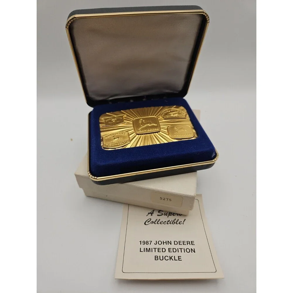 John Deere 5 Historical Trademark 24K Gold Plated Belt Buckle 1987 4 Leg Deer jd